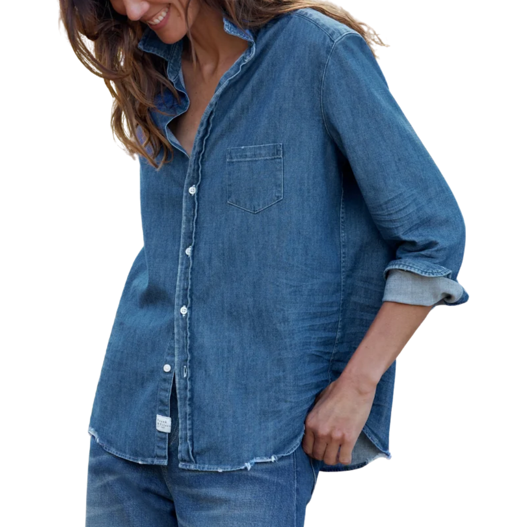 Eileen Relaxed Button-Up Shirt in Distressed Indigo Washed Denim