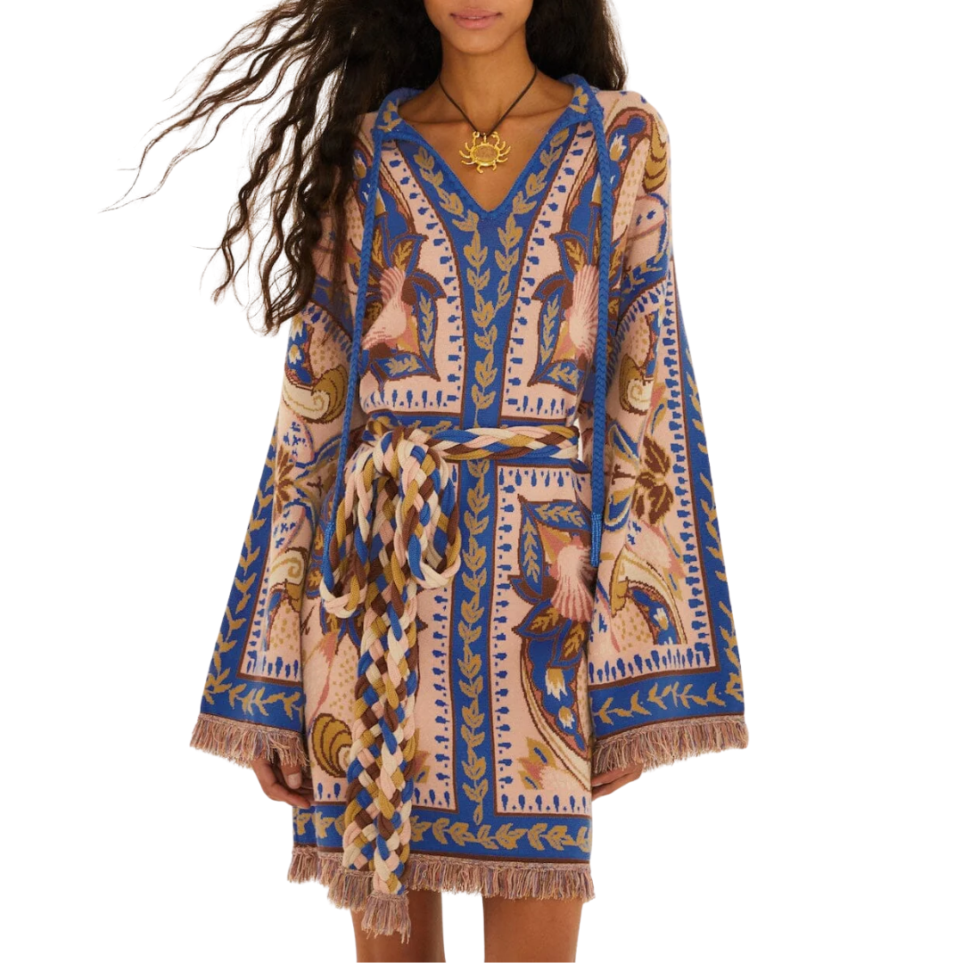 Scarf Tassels Knit Mini Dress in Blue Sea Garden