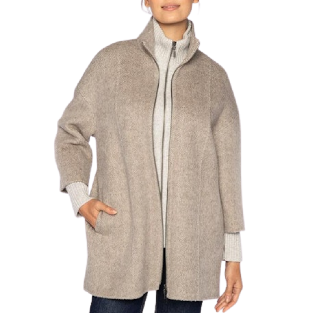 Brushed Herringbone Zip Mock Coat in Taupe Multi
