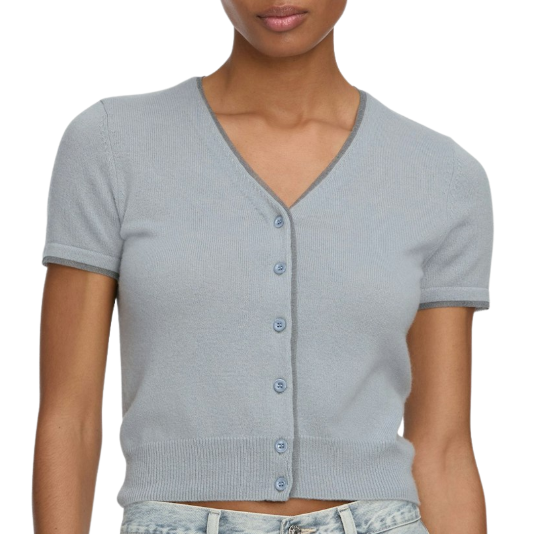 Cashmere Mix Trim Cardi in Grey Blue