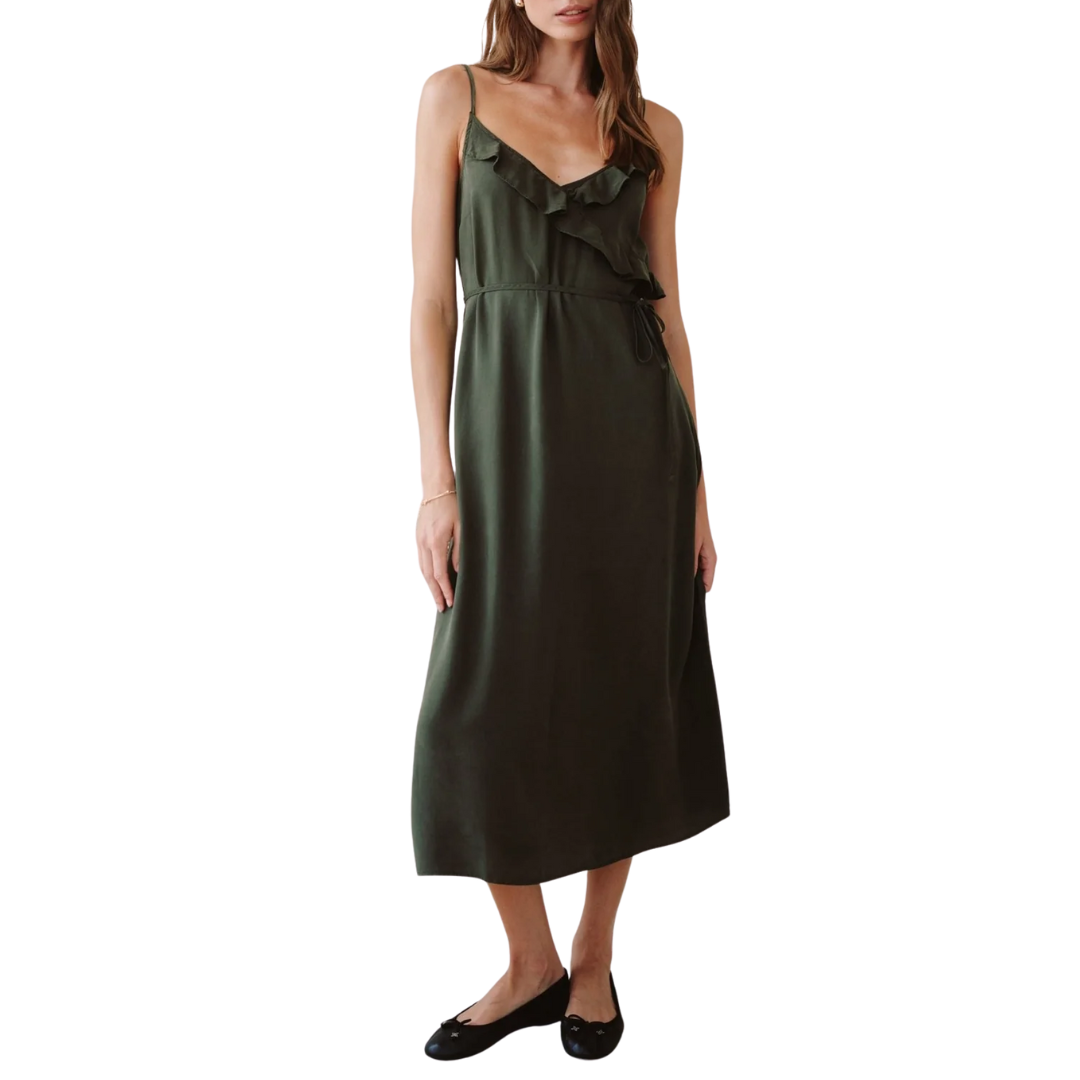 Ruffle Cami Midi Dress in Forest Army