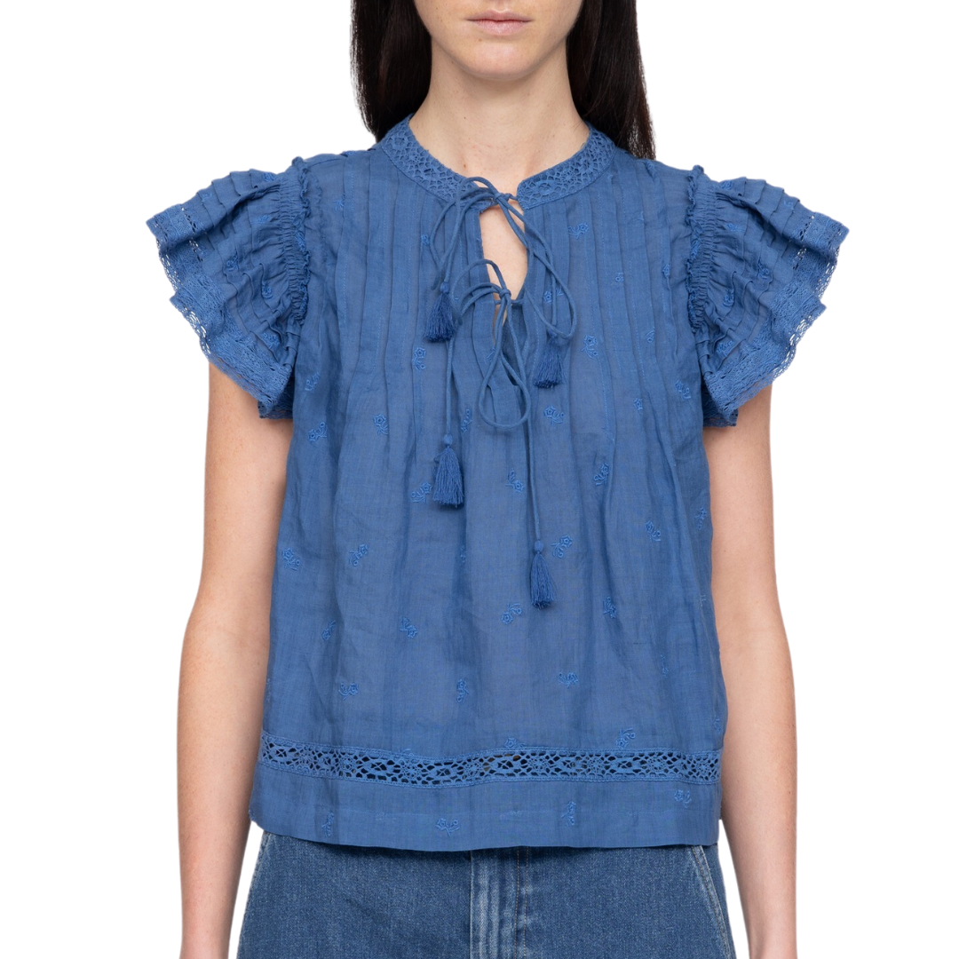 Loren Solid Flutter Sleeve Top in Blue