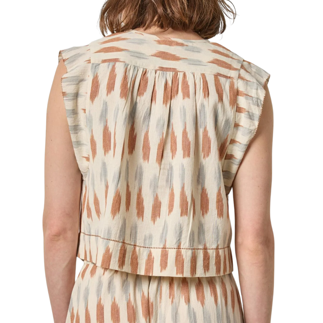 Ikat Shirred Shoulder Top in Carob Ikat
