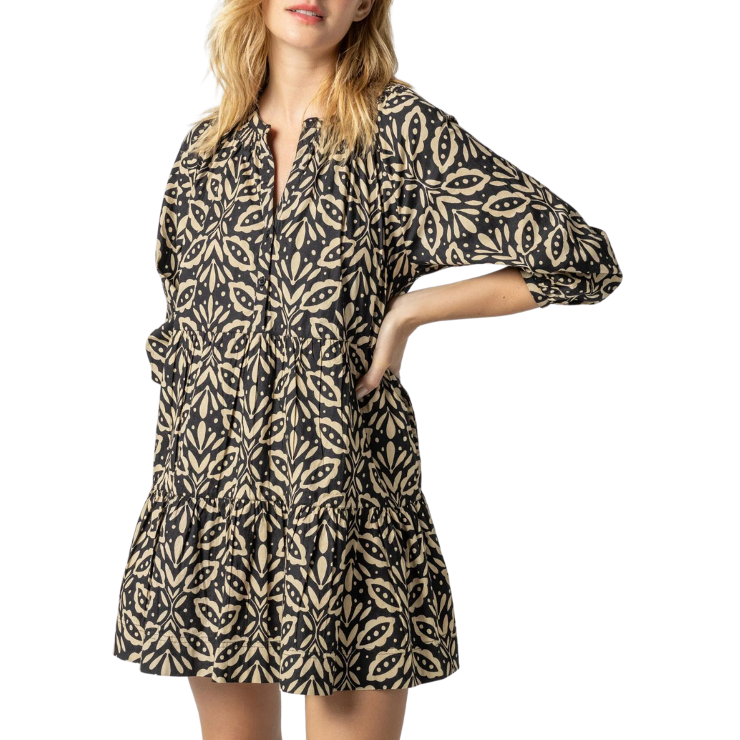 Tiered Split Neck Dress in Khaki Motif 