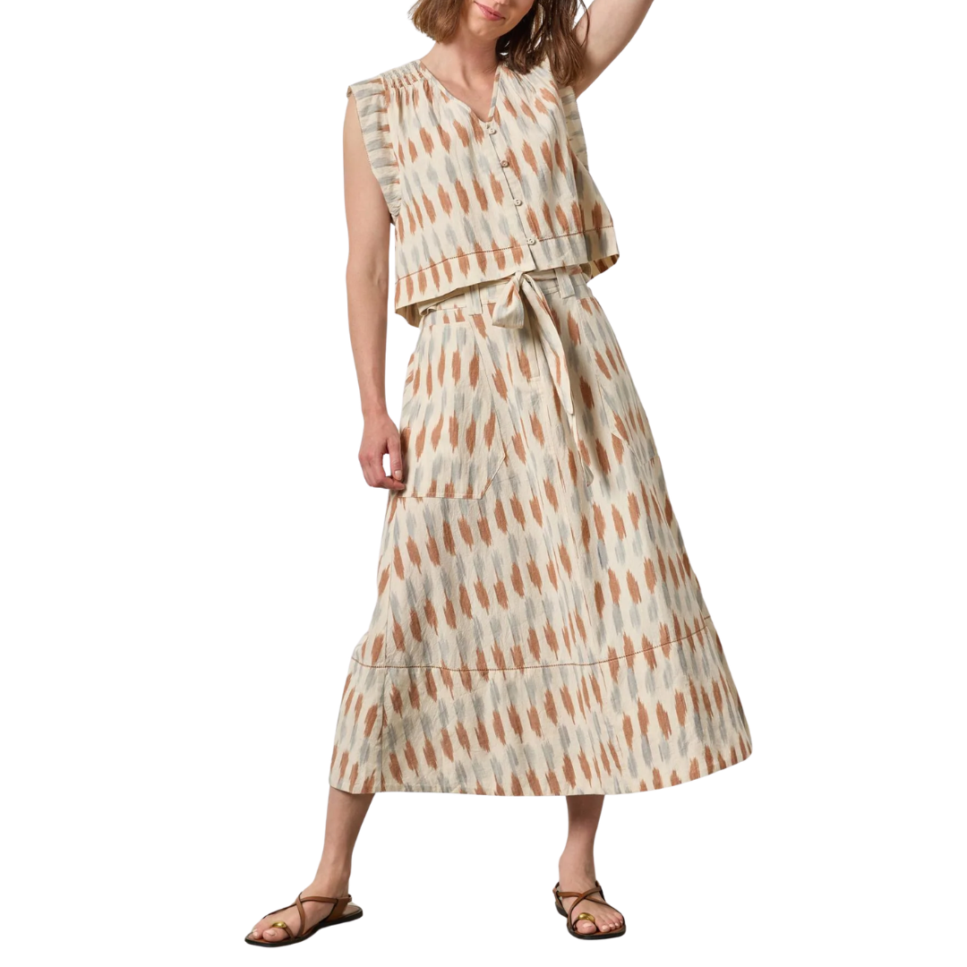 Ikat Shirred Shoulder Top in Carob Ikat