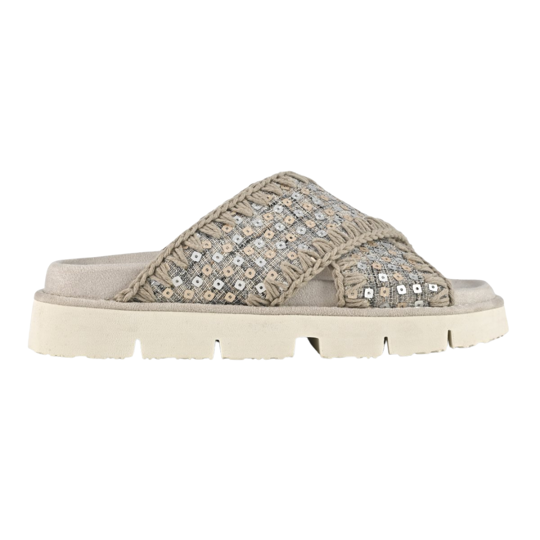 Criss-Cross Bio Sandal Denim and Sequins in Gold