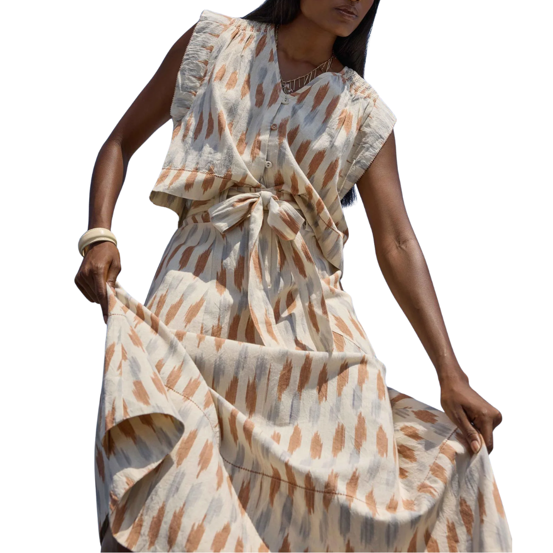 Ikat Shirred Shoulder Top in Carob Ikat