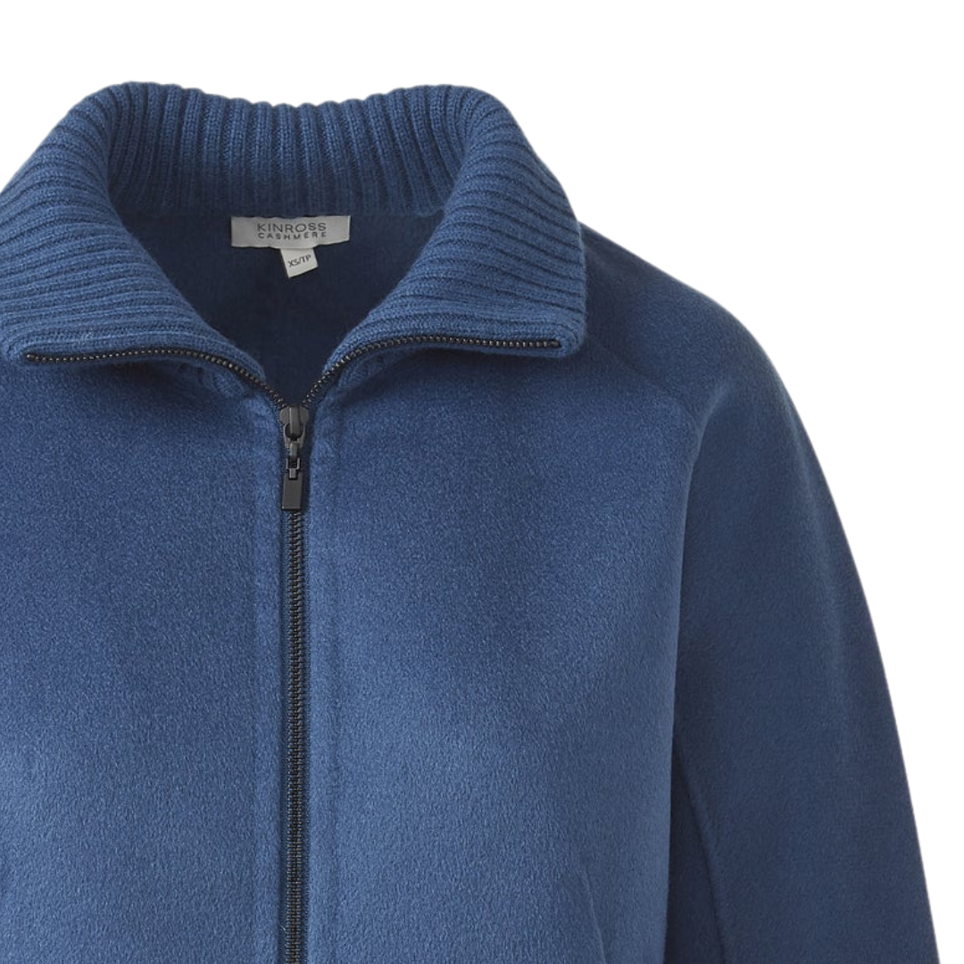 Short Knit Trim Zip Coat in Sapphire