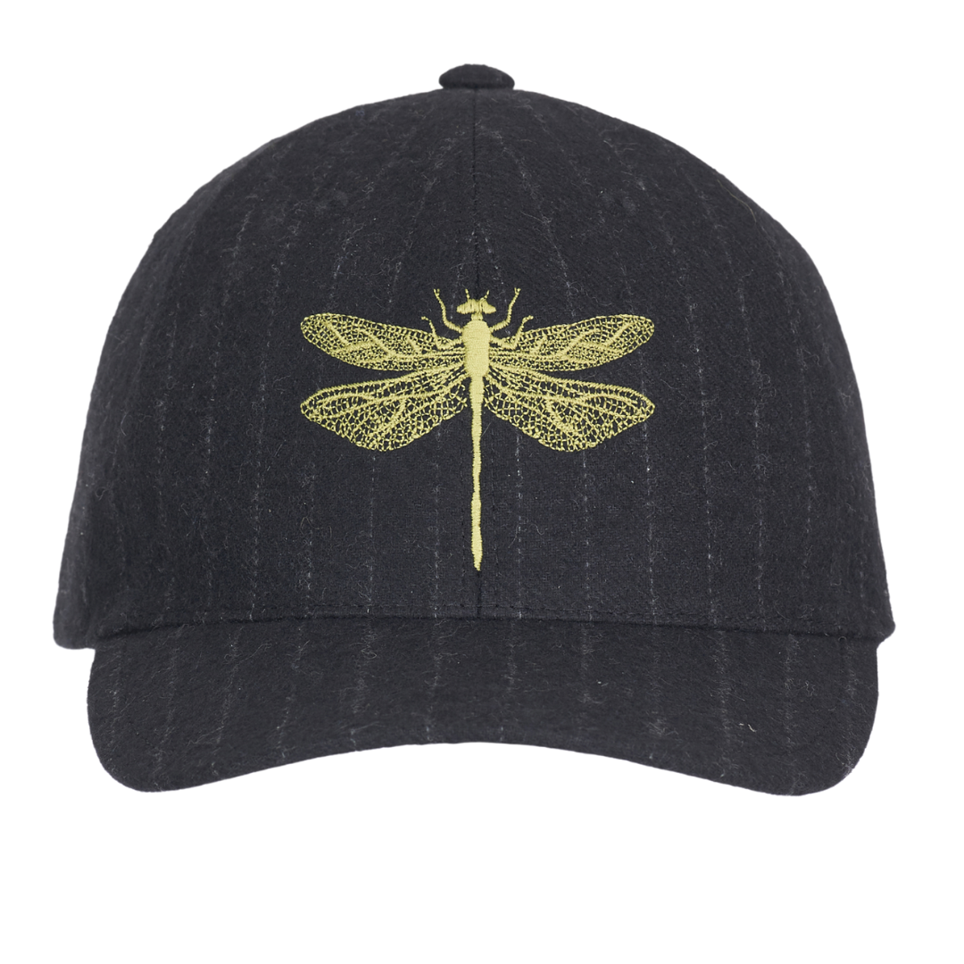 Pinstripe Wool Embroidered Cap in Black