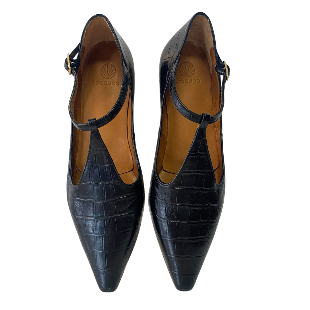 Celeste T-Strap Flat Croco in Black