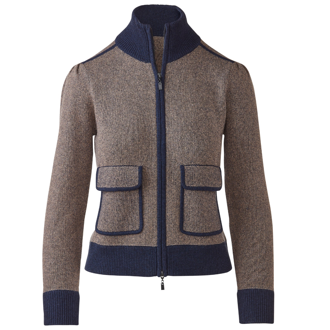 Tweed Zip Mock Cardigan in Navy/Scotch