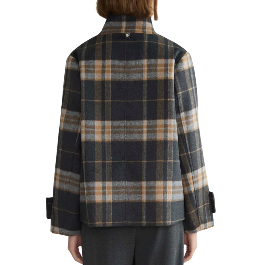 Dakota Double-Breasted Funnel Neck Short Jacket in Charcoal/Camel Plaid