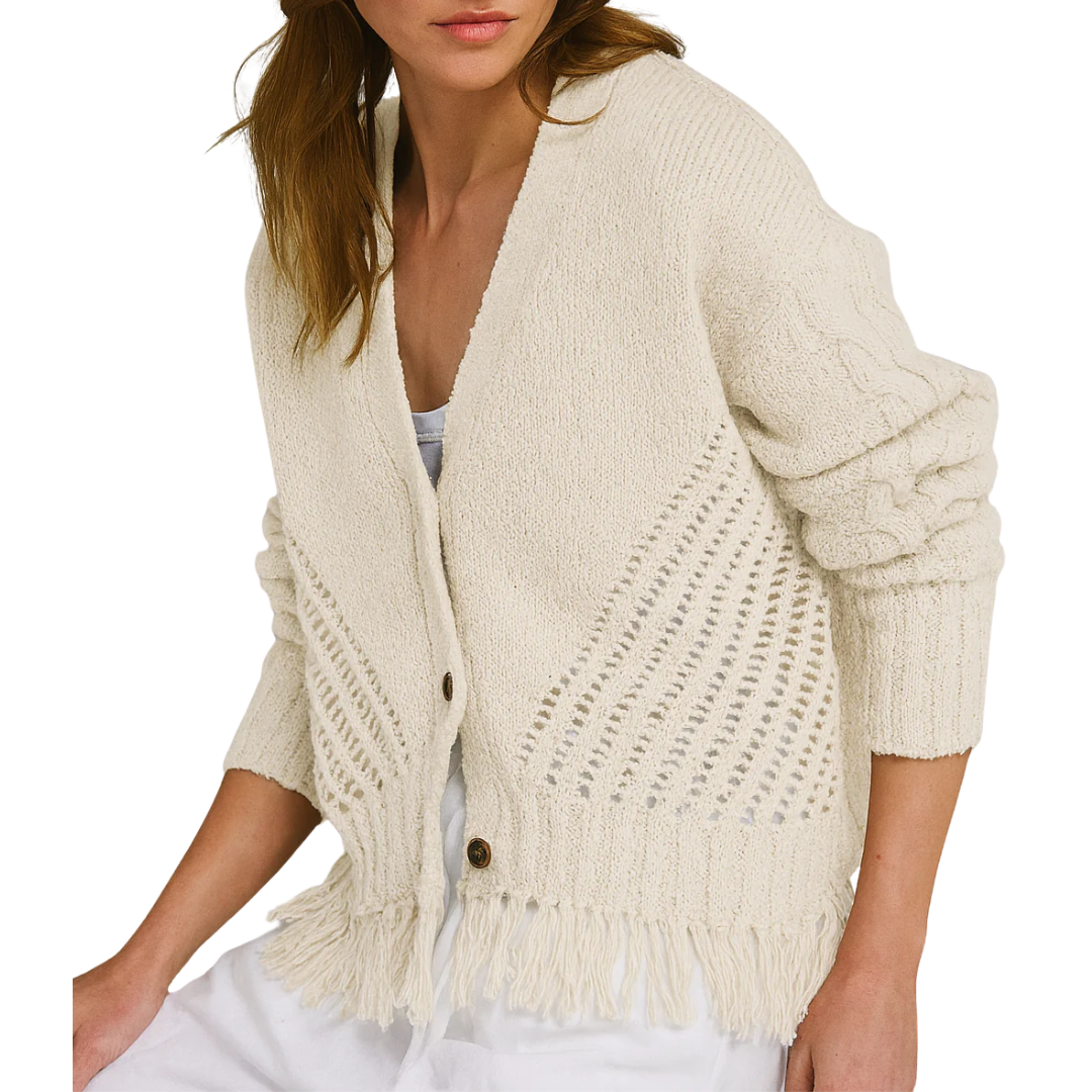 Fringe Mixed Stitch Cardigan in Sand