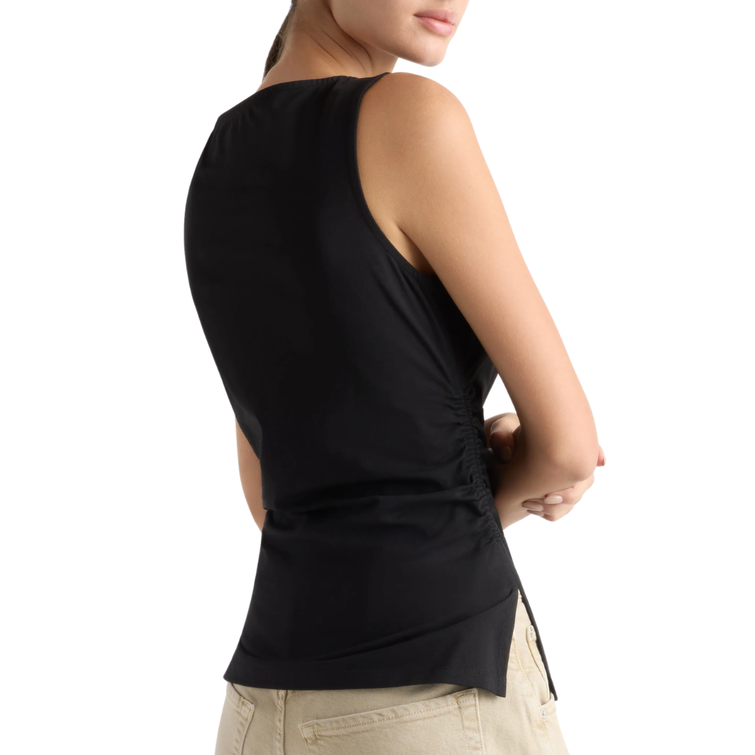 Josie Shirred-Side Cowl-Neck Tee in Black