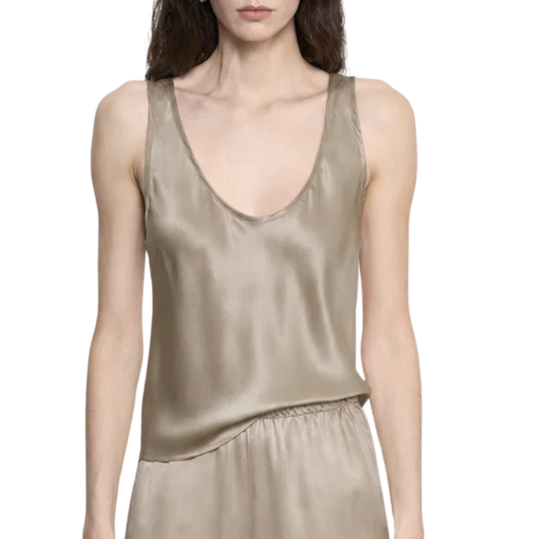 Silk Satin U Tank in Beige