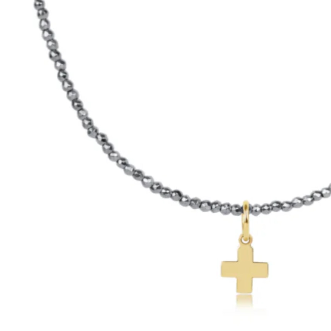 15" Choker Silver Faceted Hematite 2mm Signature Cross Gold