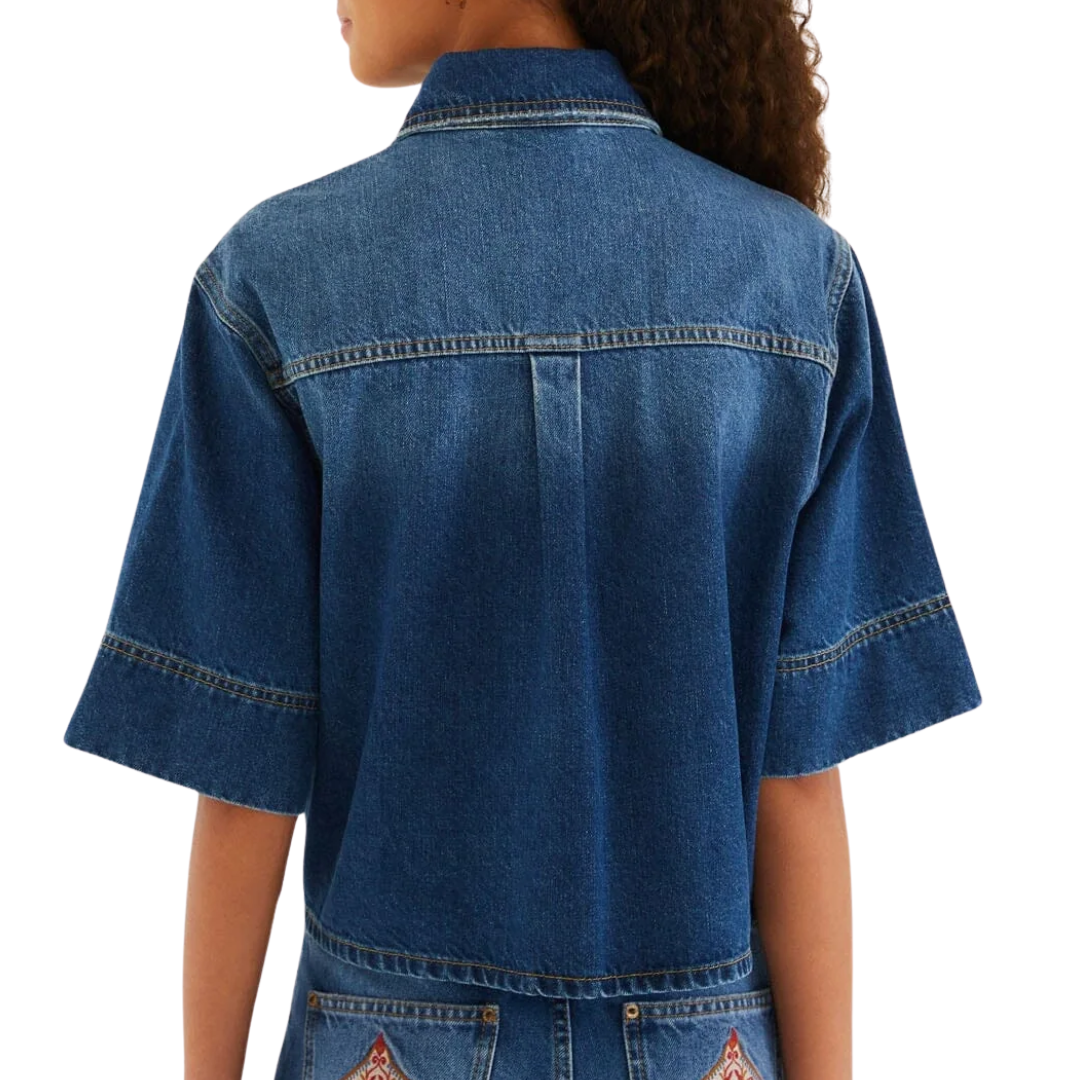 Porcelain Birds Embroidered Shirt in Denim