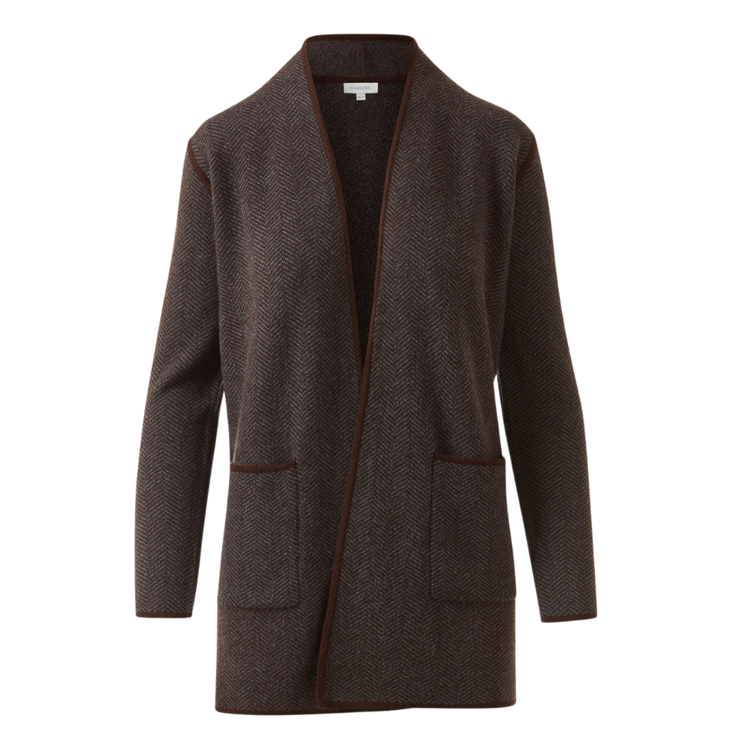 Jacquard Herringbone Cardigan in Chocolate/Flannel
