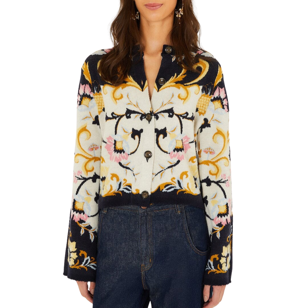 Buttoned Knit Cardigan in Birds Romance