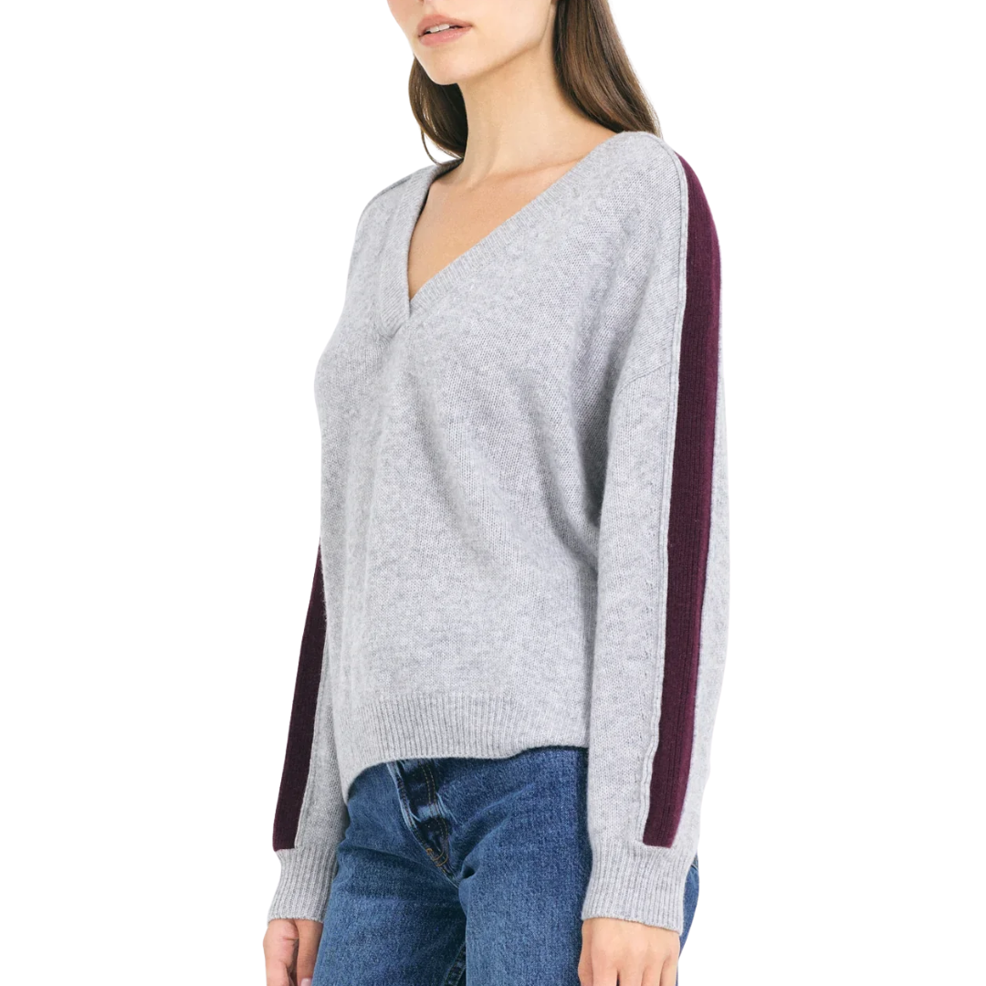 Connie Cashmere VNeck in Heather Grey Combo