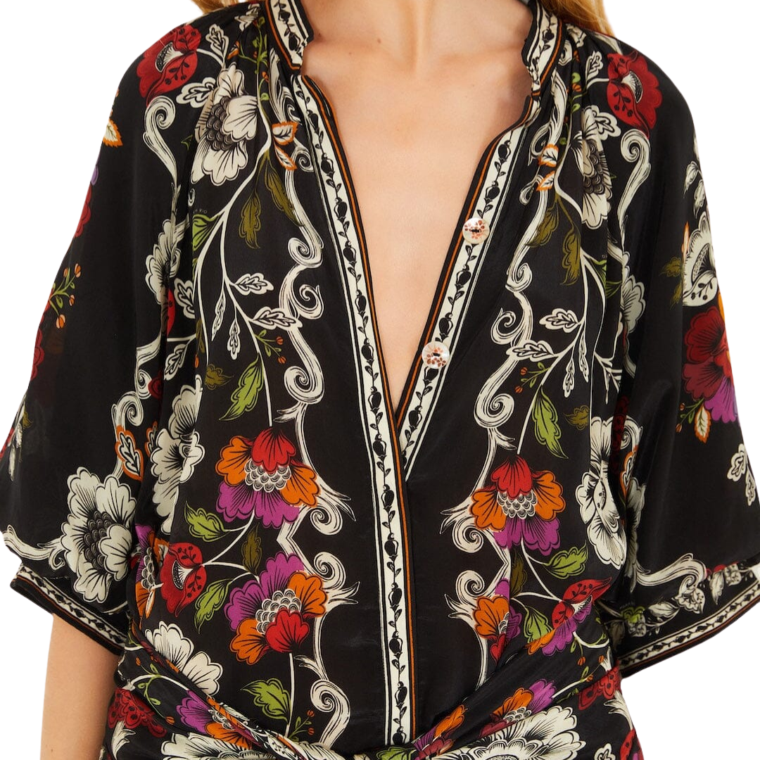 Belted Midi Dress in Black Rococo Flowers