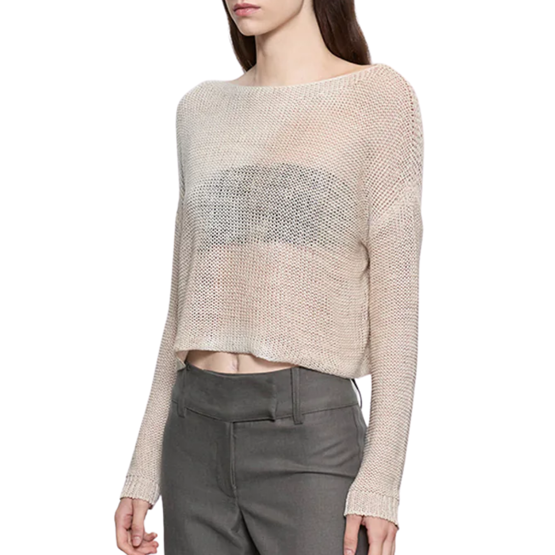 Linen Open Knit Bateau Sweater in Pearl Grey