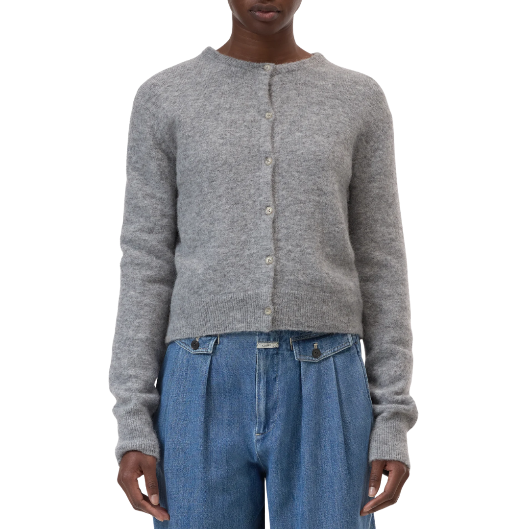 Crew Neck Cardigan in Light Grey Melange