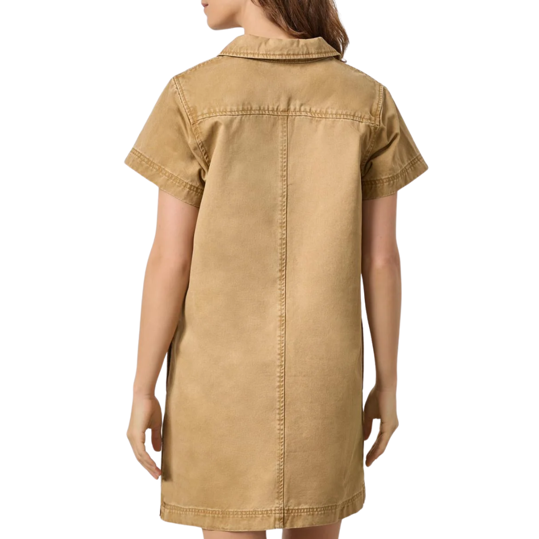 Twill Split Neck Collard Dress in Buckwheat