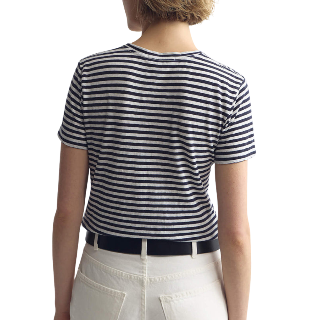 Lana Crewneck Tee in White/Dark Navy Stripe