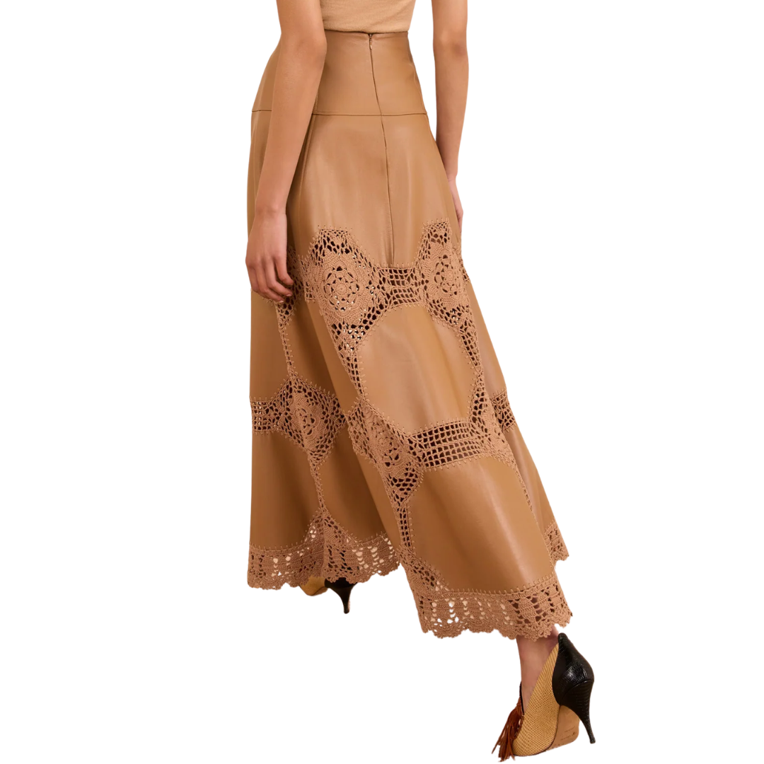 Izra Crochet & Leather Skirt in Camel