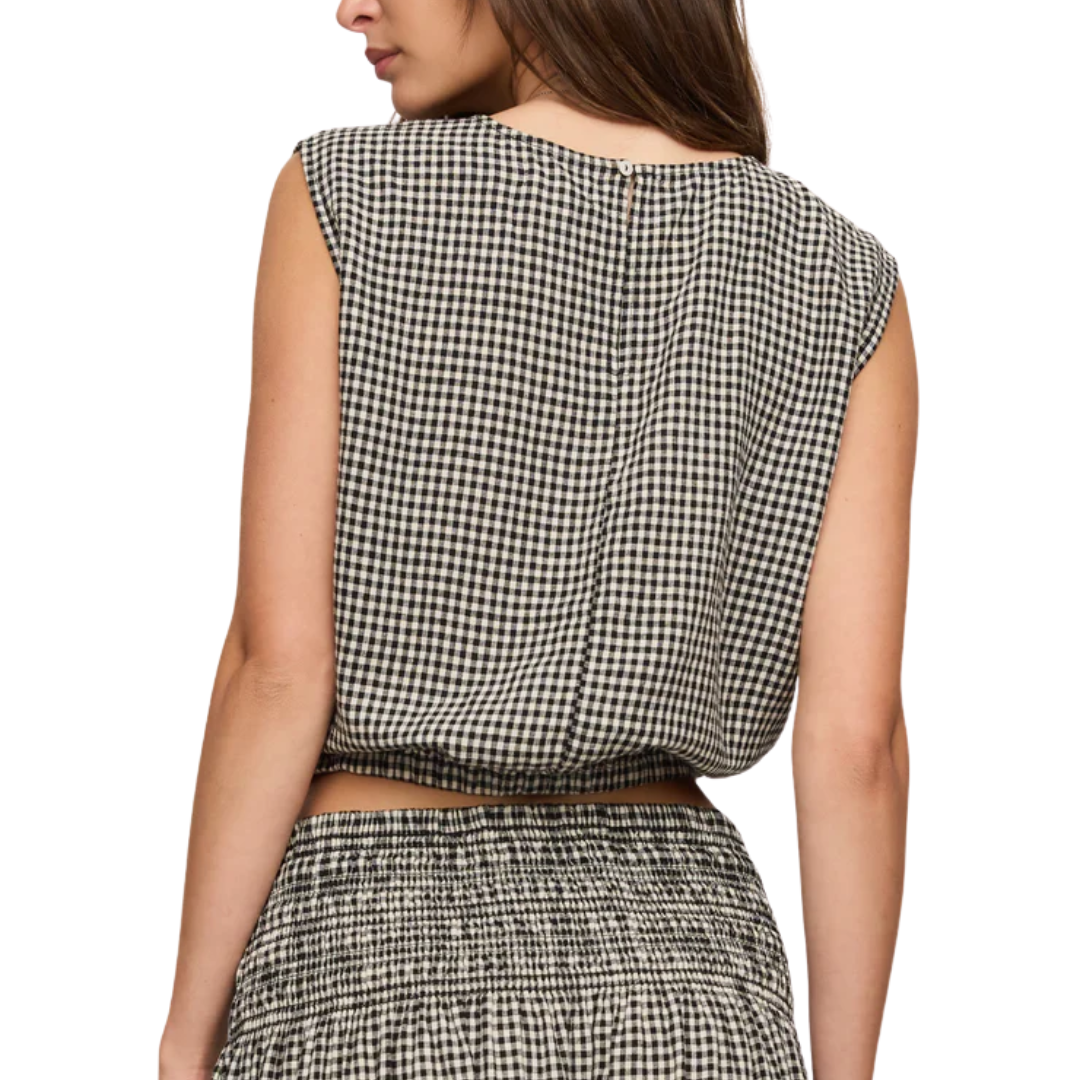 Merit Cropped Gingham Linen Top in Black