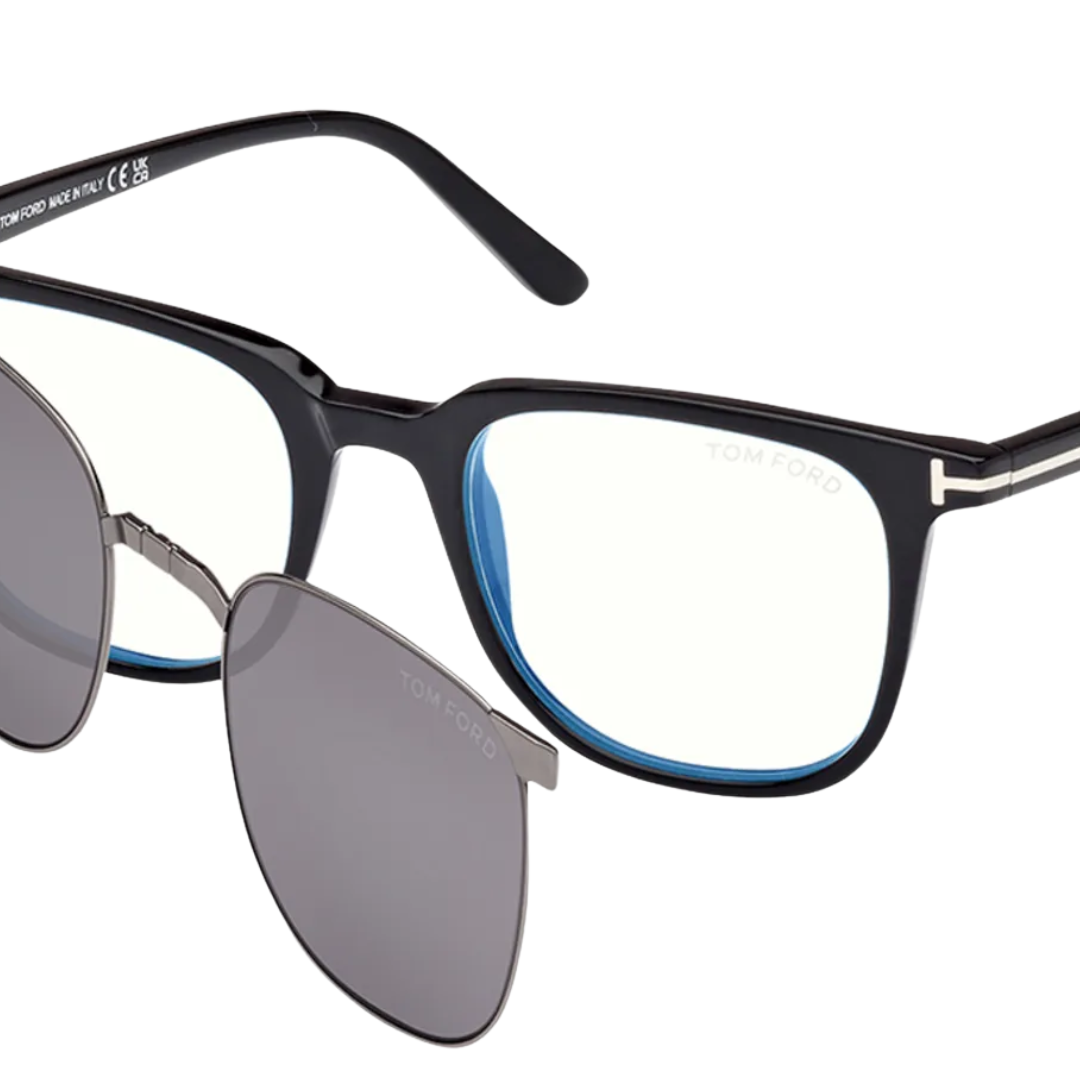 Blue Block Square Opticals With Clip On Sunglasses in Shiny Black/Smoke