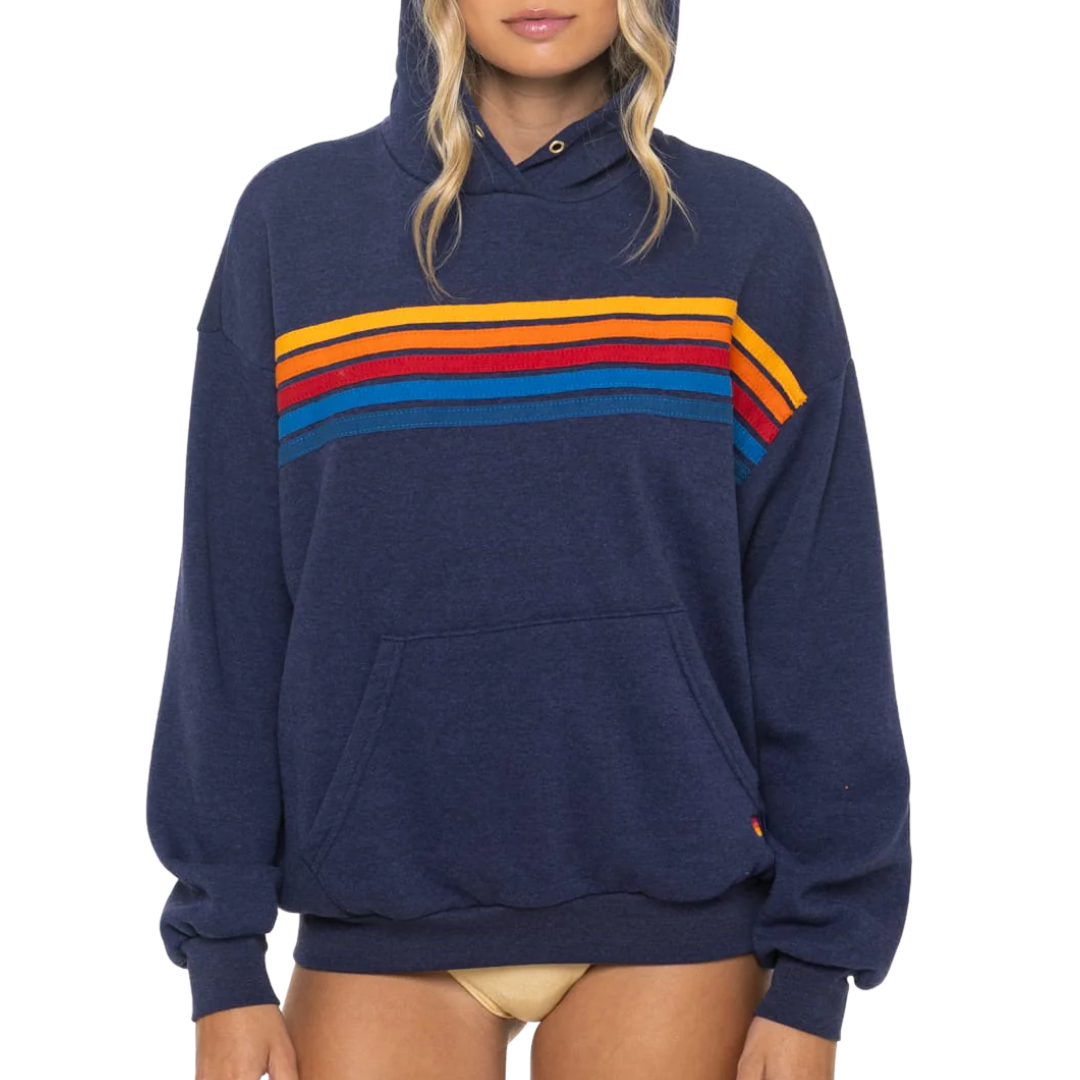 5 Stripe Relaxed Pullover Hoodie in Navy