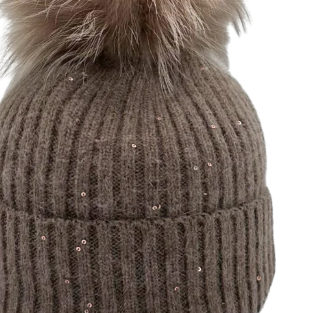 Sequin Detail Pom Hat in Taupe
