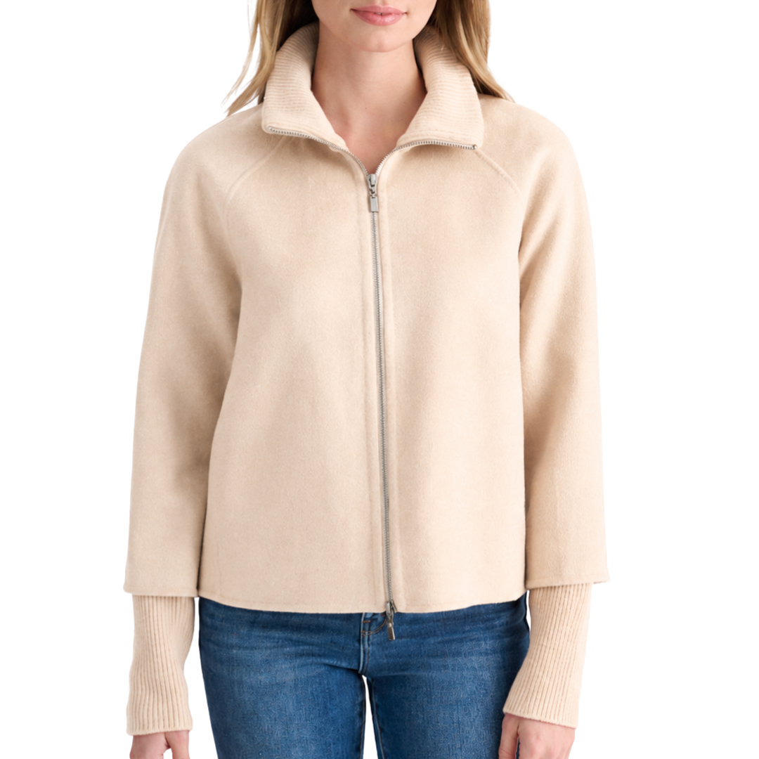 Classic Knit Trim Zip Mock Coat in Sandstone