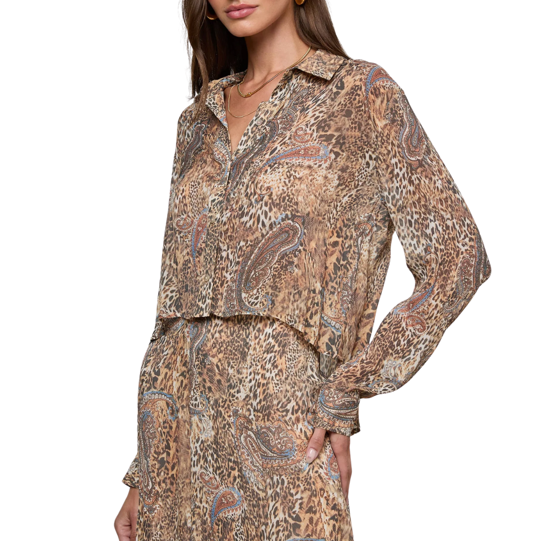 Cosette Button-Down Shirt in Brown/Blue Valencia Leopard