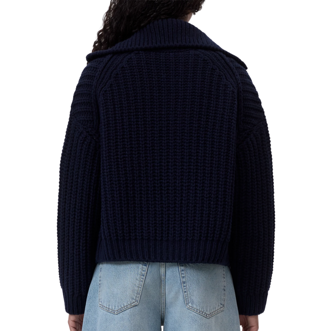 Wool Cardigan With Zip in Dark Night