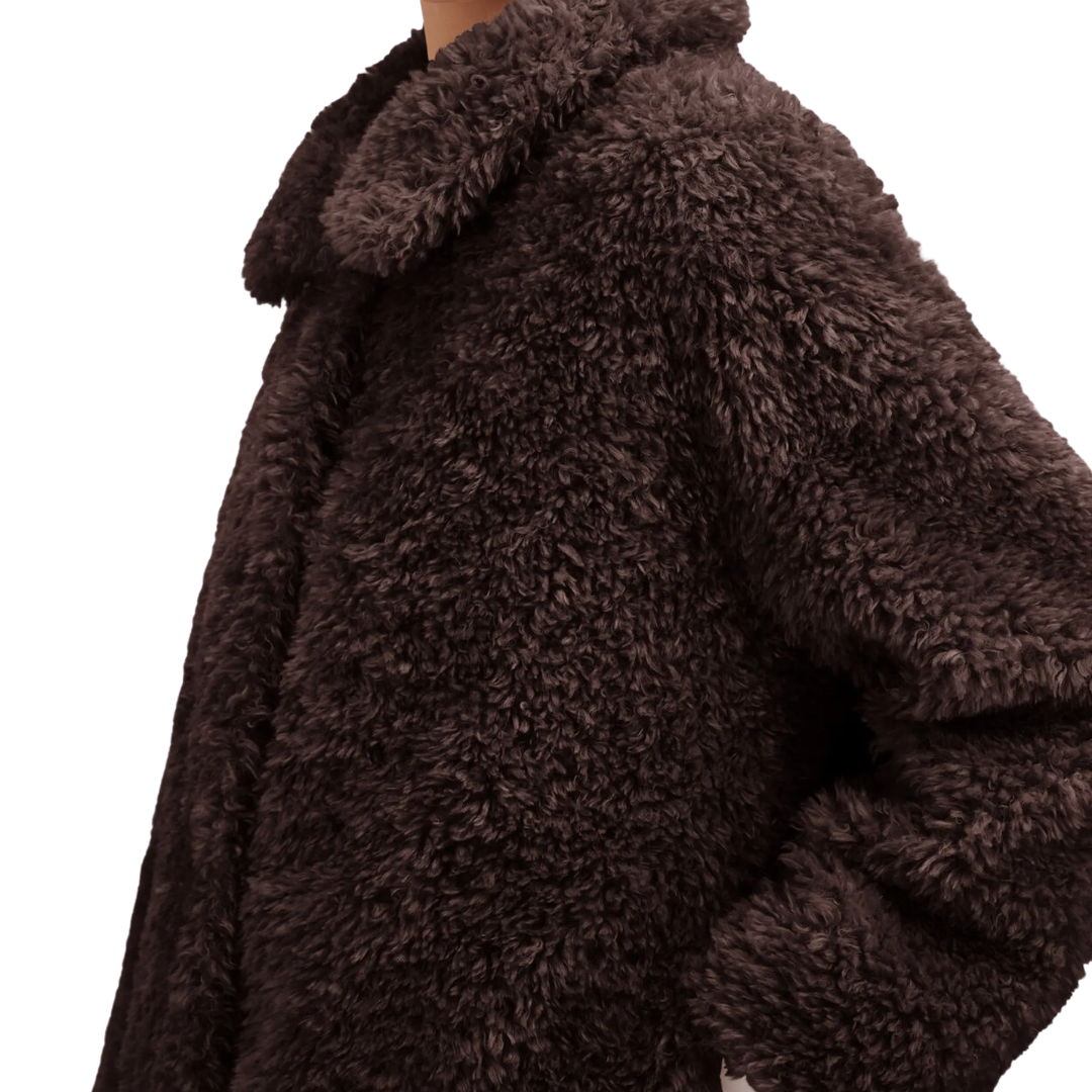 Curly-Effect Fur-Touch Short Jacket in Dark Brown