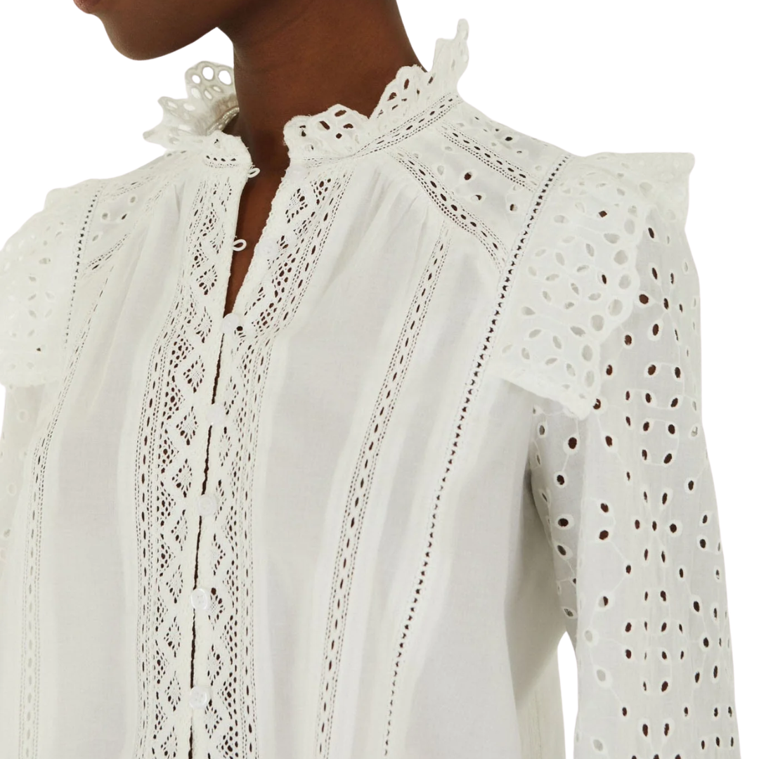 Eyelet Long Sleeve Blouse in Off-White