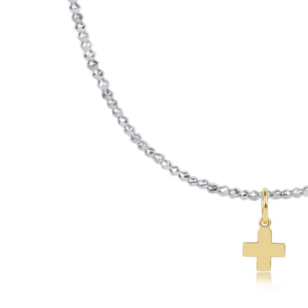 17" Choker Bright Silver Faceted Hematite 2mm Signature Cross Gold Charm