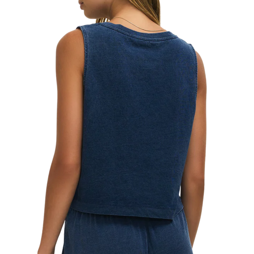Sloane V-Neck Jersey Denim Top in Indigo