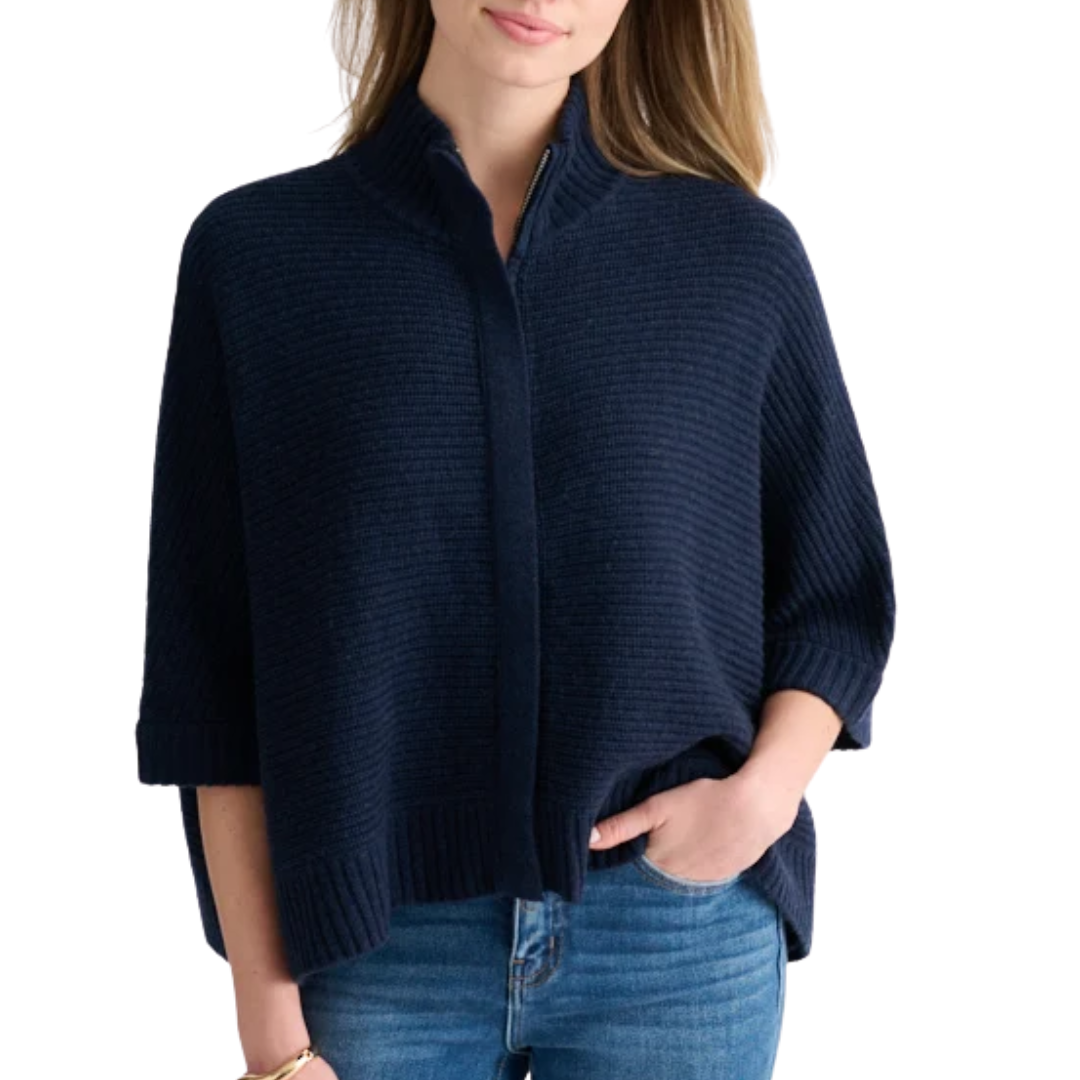 Rib Zip Mock S/L Cardigan in Navy