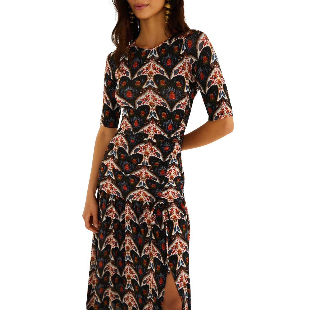 Porcelain Birds Long Sleeve Slim Maxi Dress in Black