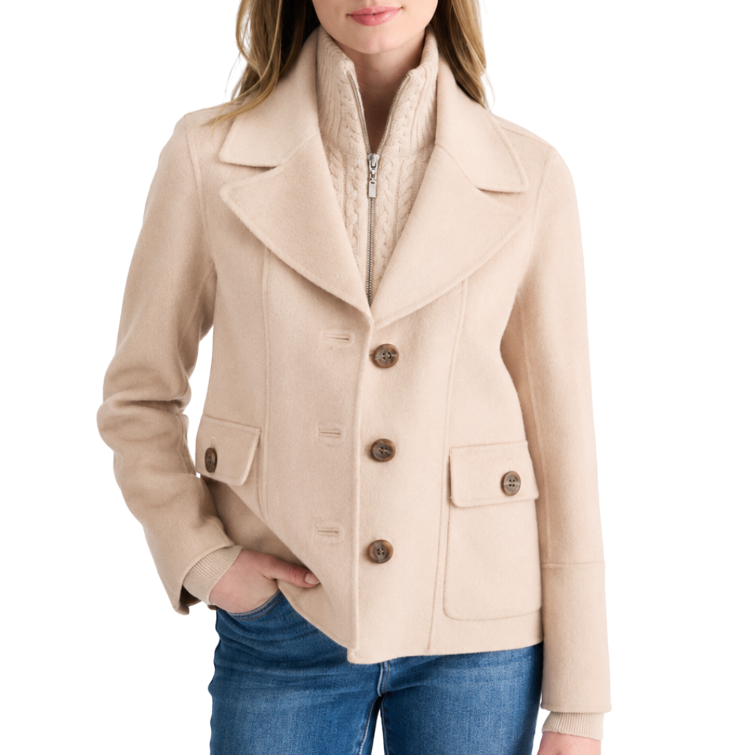 Cable Knit Insert Notch Collar Coat in Sandstone