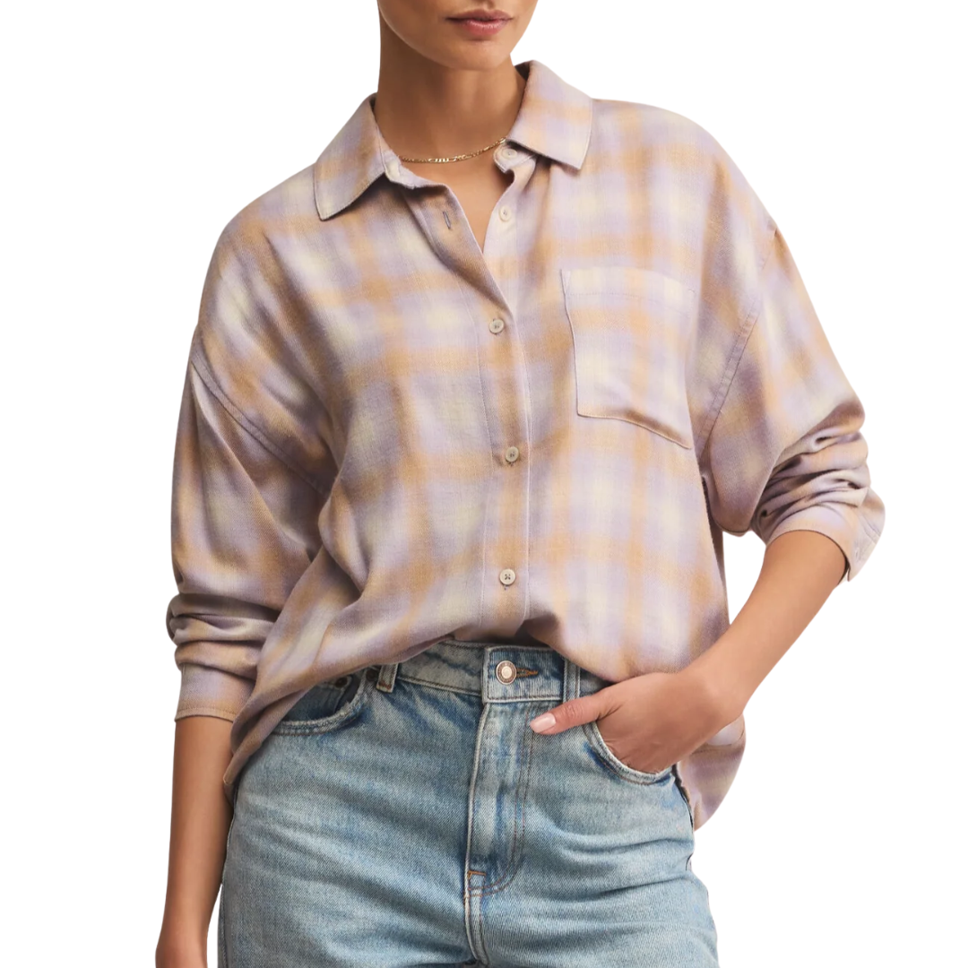 River Plaid Button Up in Lavender Ice