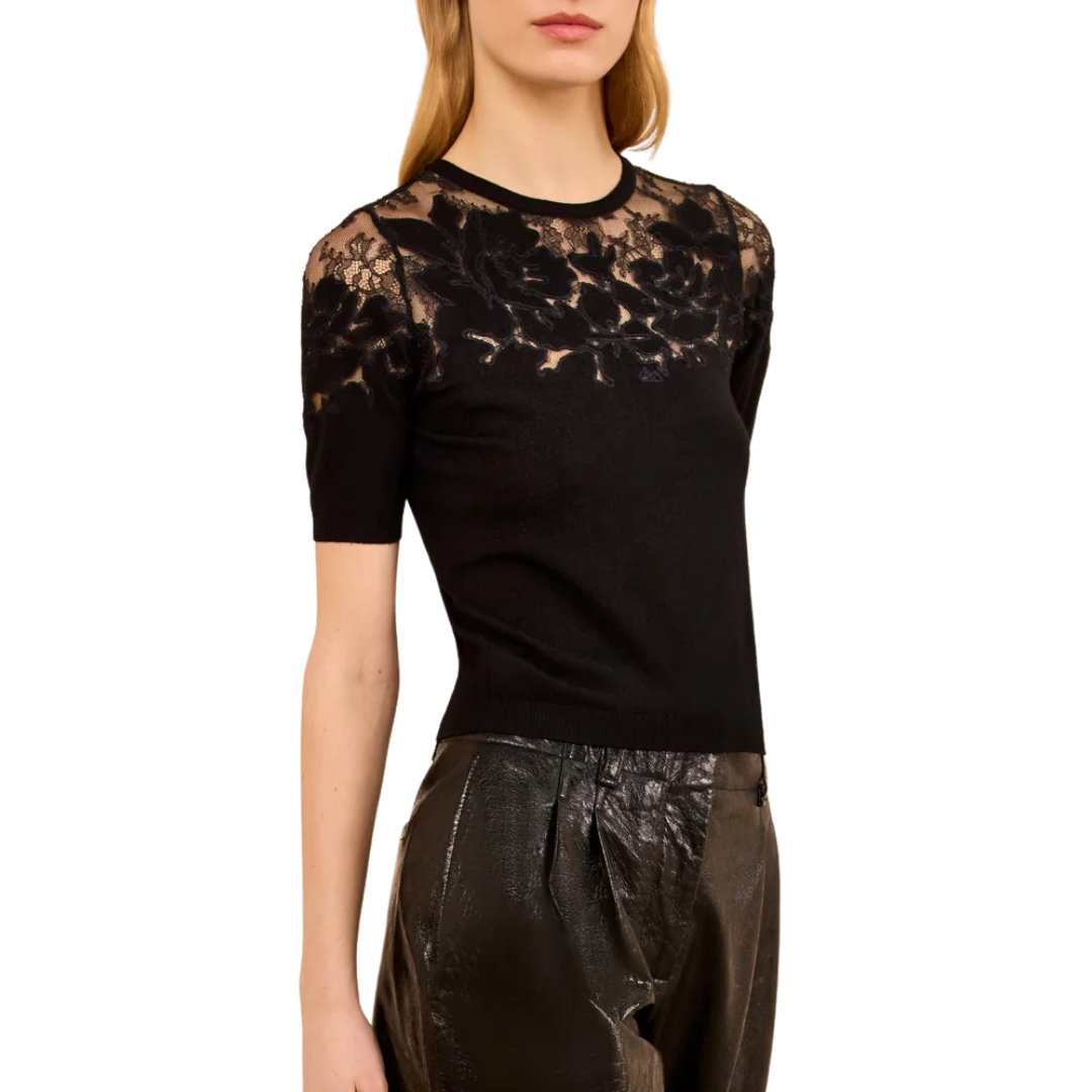 Ella Short Sleeve Lace Top in Noir