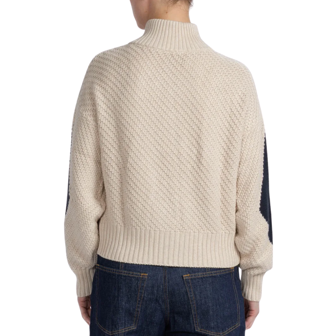 Diamond Mock Neck Zip Up in Natural/Navy blue