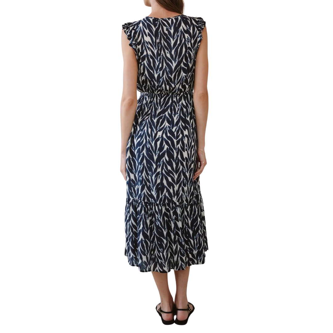 Ruffle Midi Dress in Navy Leaves