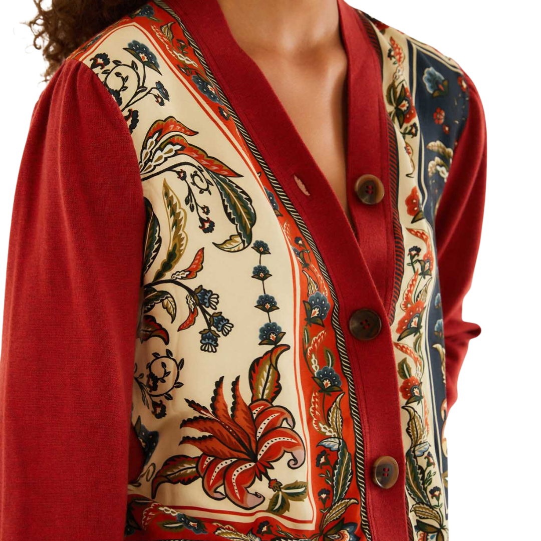 Ainika Garden Scarf Buttoned Knit Cardigan in Red