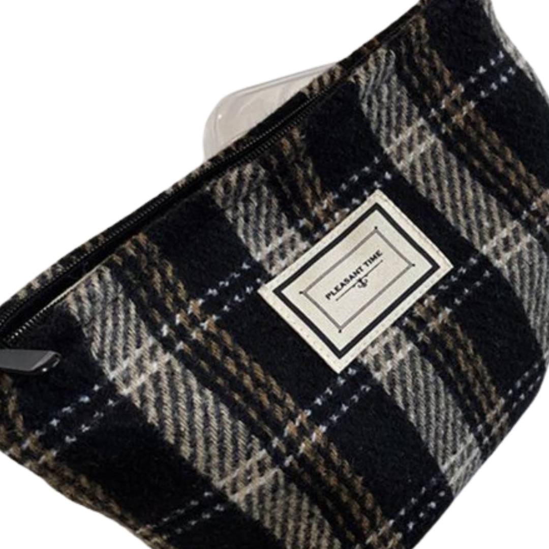 Plaid Color Block Large Make Up Bag in Black Plaid